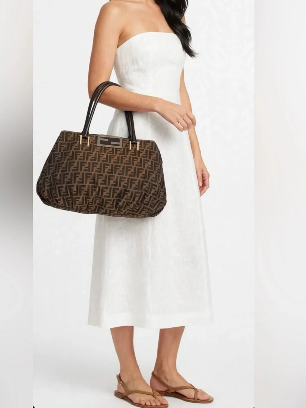 Fendi Brown Zucca Pattern Shoulder Bag with Logo Plaque